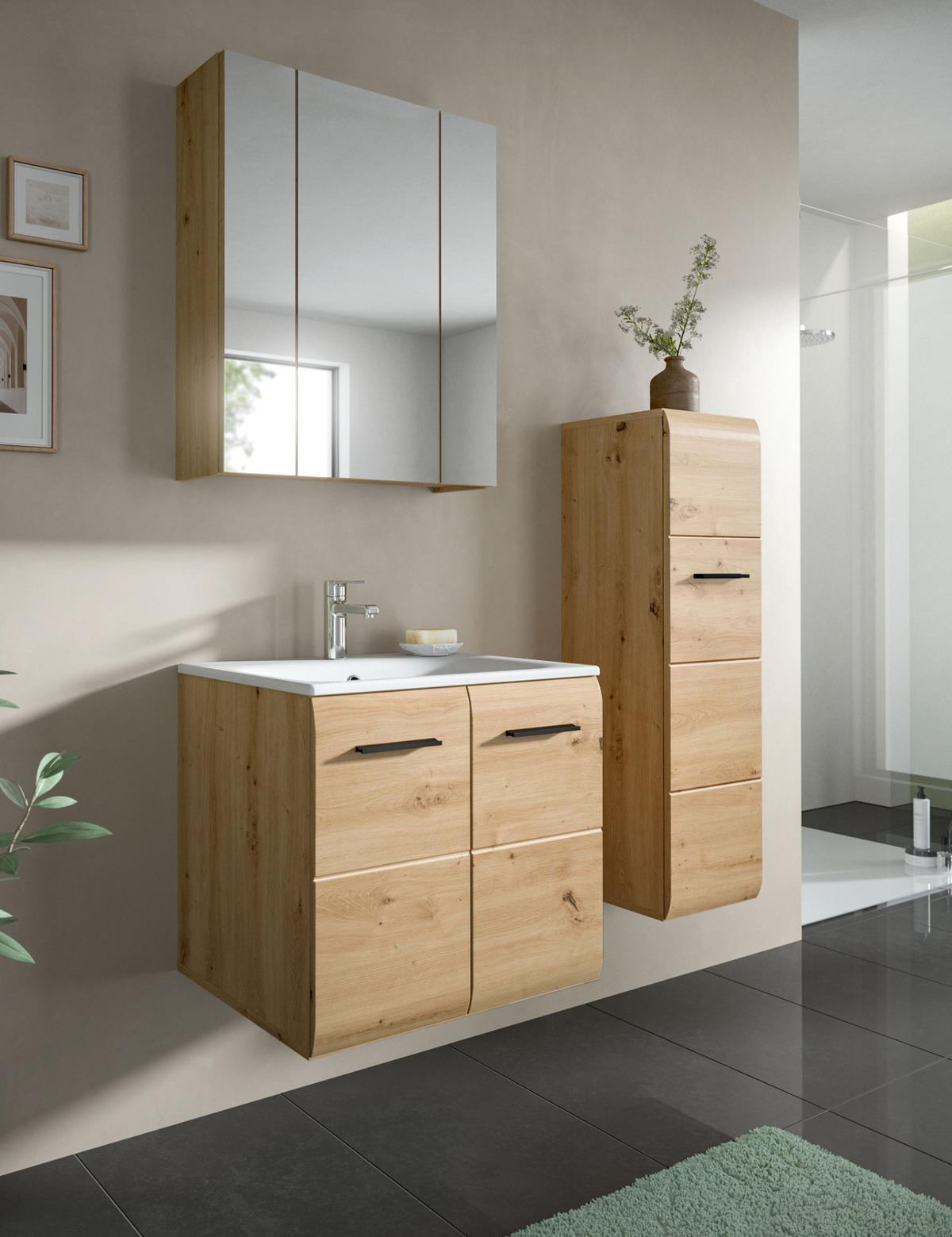 BADMÖBEL-SET 3-teilig in Artisan Eiche, Badkombination mit Waschbecken, 105 x 185 cm, Cover - Schwarz/Eiche Artisan, Glas/Keramik (105/185/30cm) - Inn.Furn