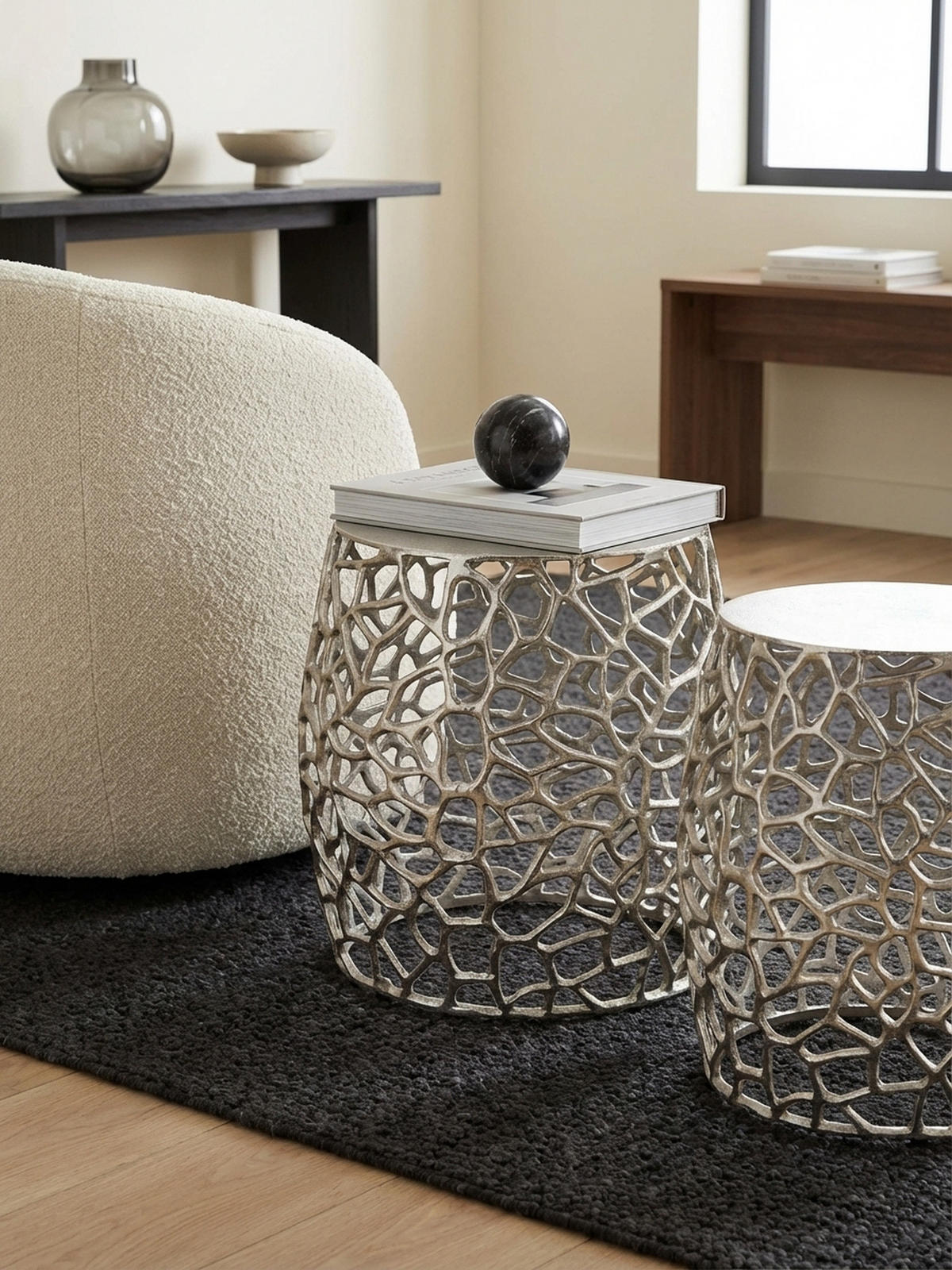 BEISTELLTISCH Set – Silber Aluminium Aststruktur vielseitig einsetzbar - Silberfarben, Metall (46/46/42cm) - KADIMA DESIGN