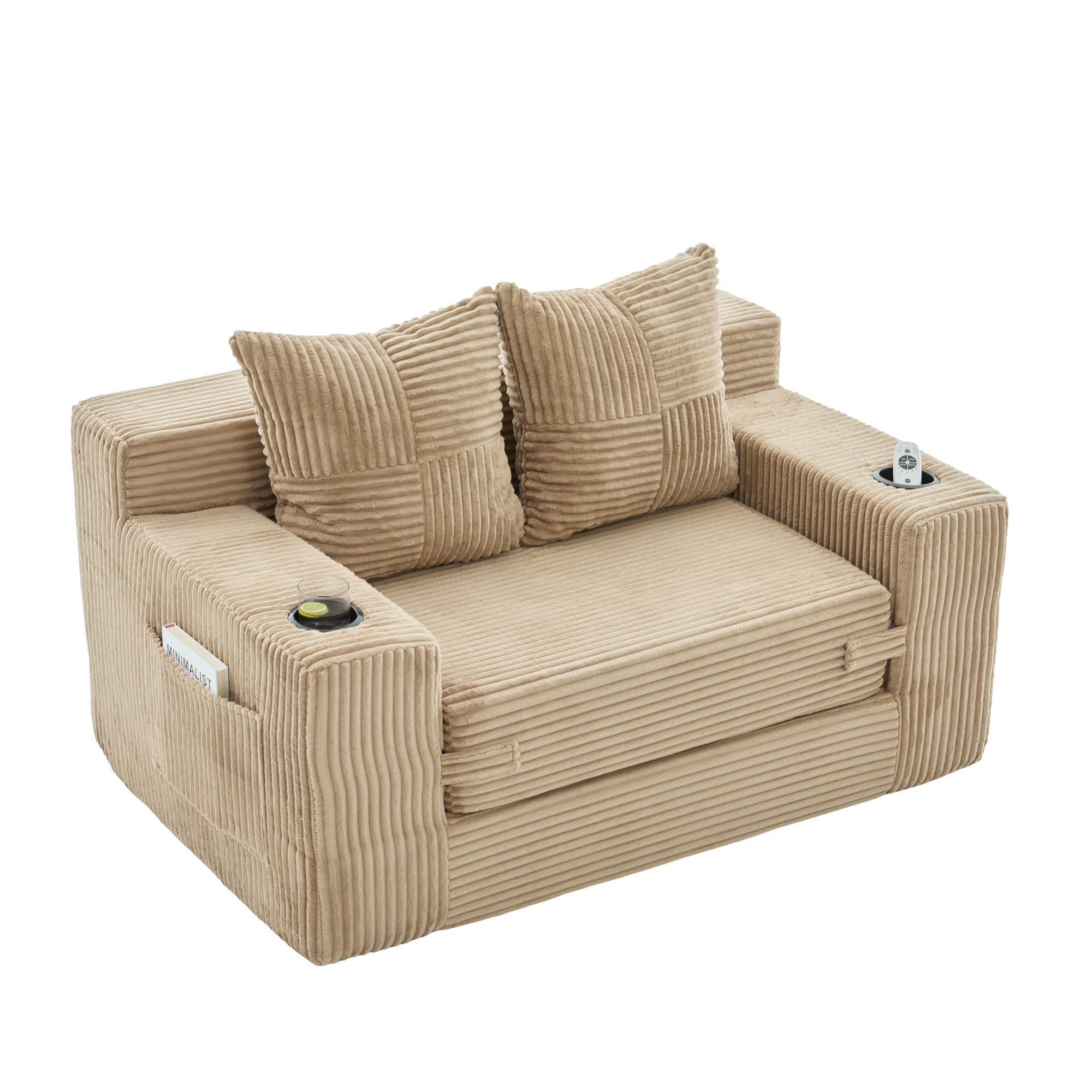 SCHLAFSOFA 2-in-1 mit Hocker, 2 Kissen und Becherhalter, DE-42913, Khaki - Sandfarben, Textil (133/64/87cm) - ComfortXL