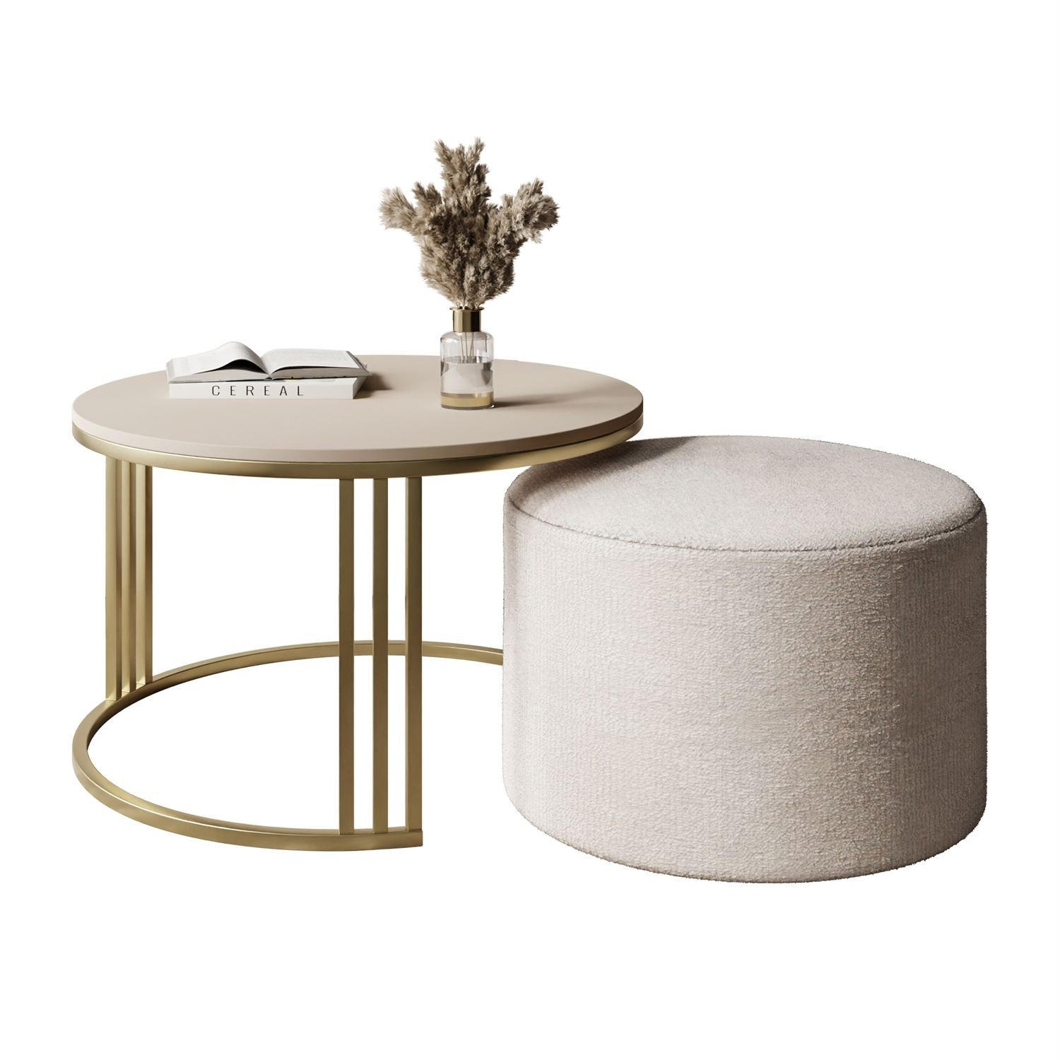 COUCHTISCH mit Hocker LORI MAT gebürstetes Gold/Kaschmir matt/Perfect Harmony 01 - Kaschmir, Metall (70/70/49cm) - Lookway