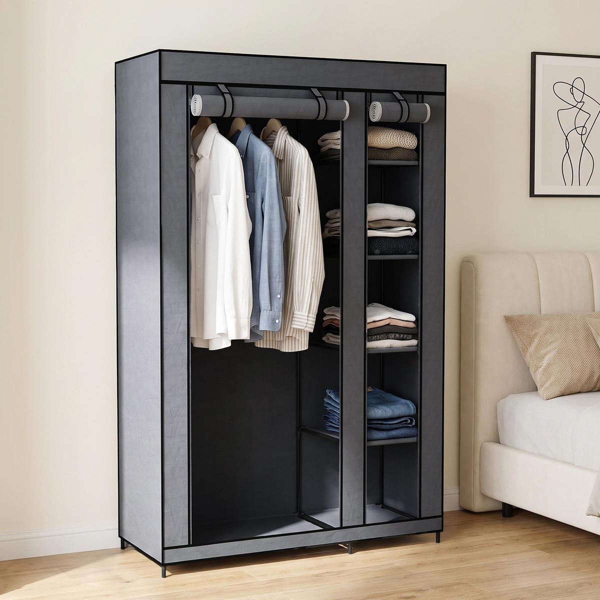 NETKANÁ textilie na šatní skříň ocelově šedá - šedá, kov/textil (45/175/110cm) - HOMCOM