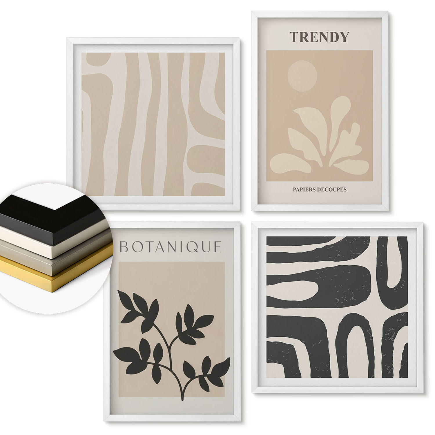 WANDBILDER 4er-Set - 50x50 cm & 40x60 cm Weißer Rahmen - Stilvolle Pflanzenmuster in Beige und Schwarz - Weiß, Kunststoff (50/50cm) - ArtPrintCave