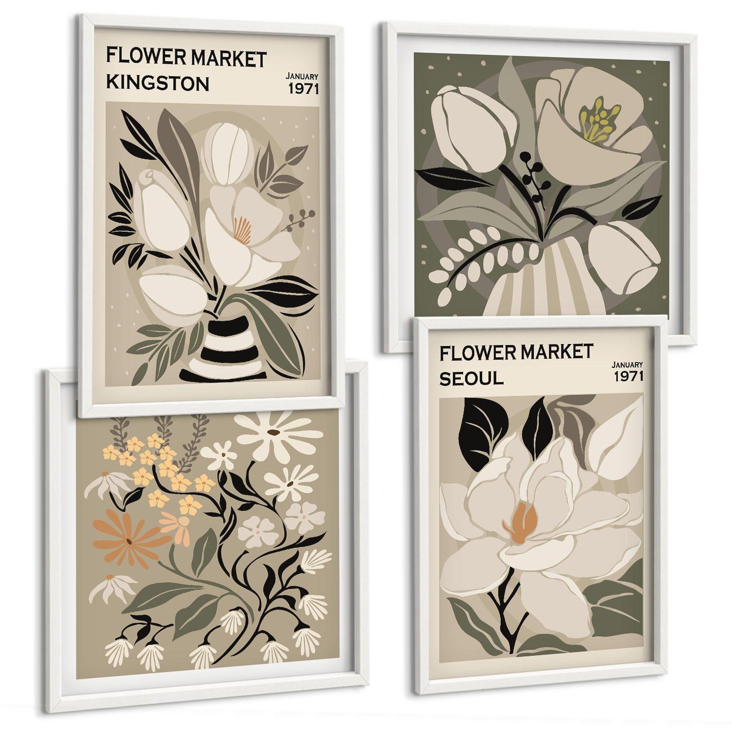 BILDER SET 4er Set - 50x50 cm & 40x60 cm Weißer Rahmen - Kingston Seoul Retro-Blumen - Weiß, Kunststoff (50/50cm) - TULUP
