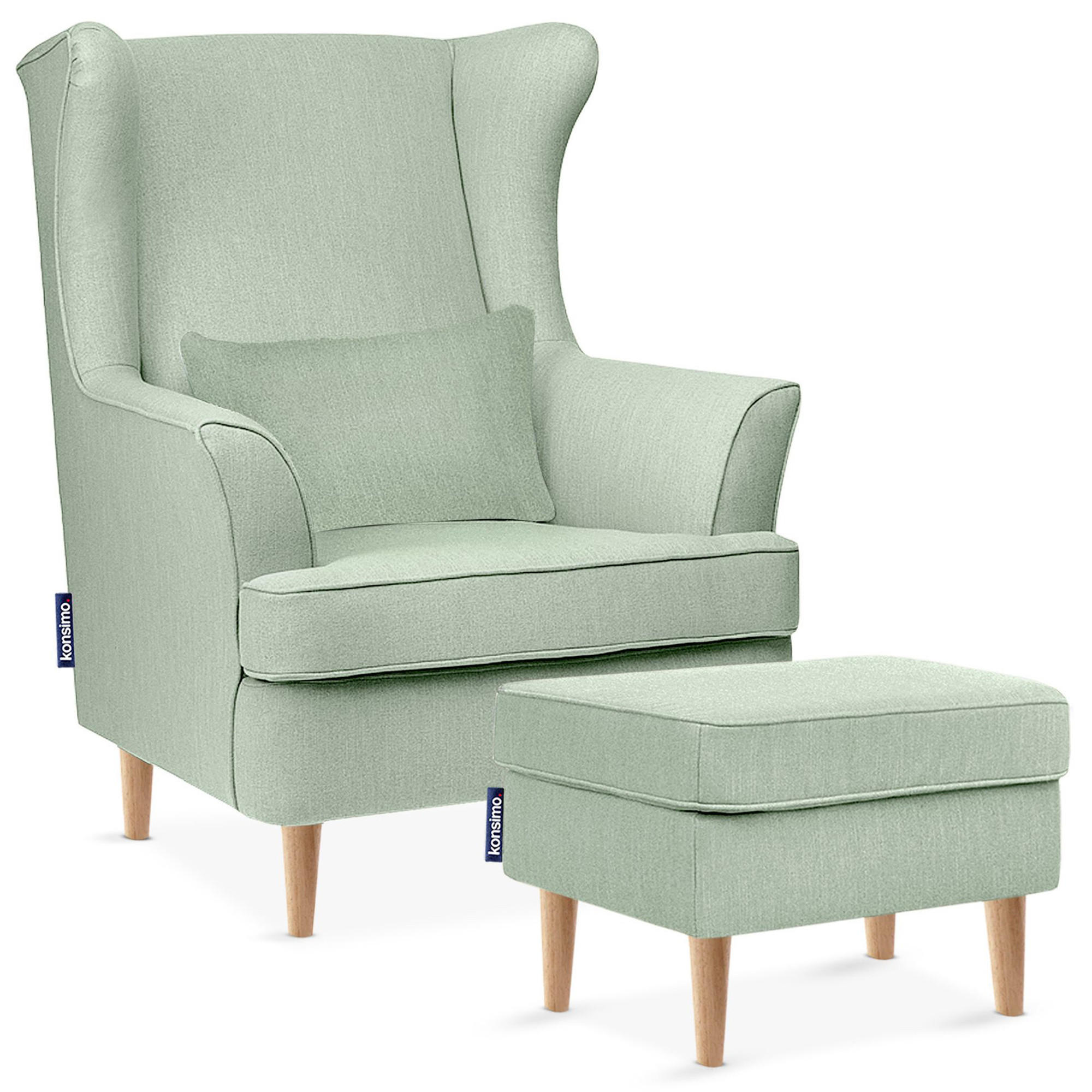 OHRENSESSEL STRALIS mit Hocker und inklusive dekorativem Kissen, mintfarben - Grün, Textil (82/108/80cm) - KONSIMO®