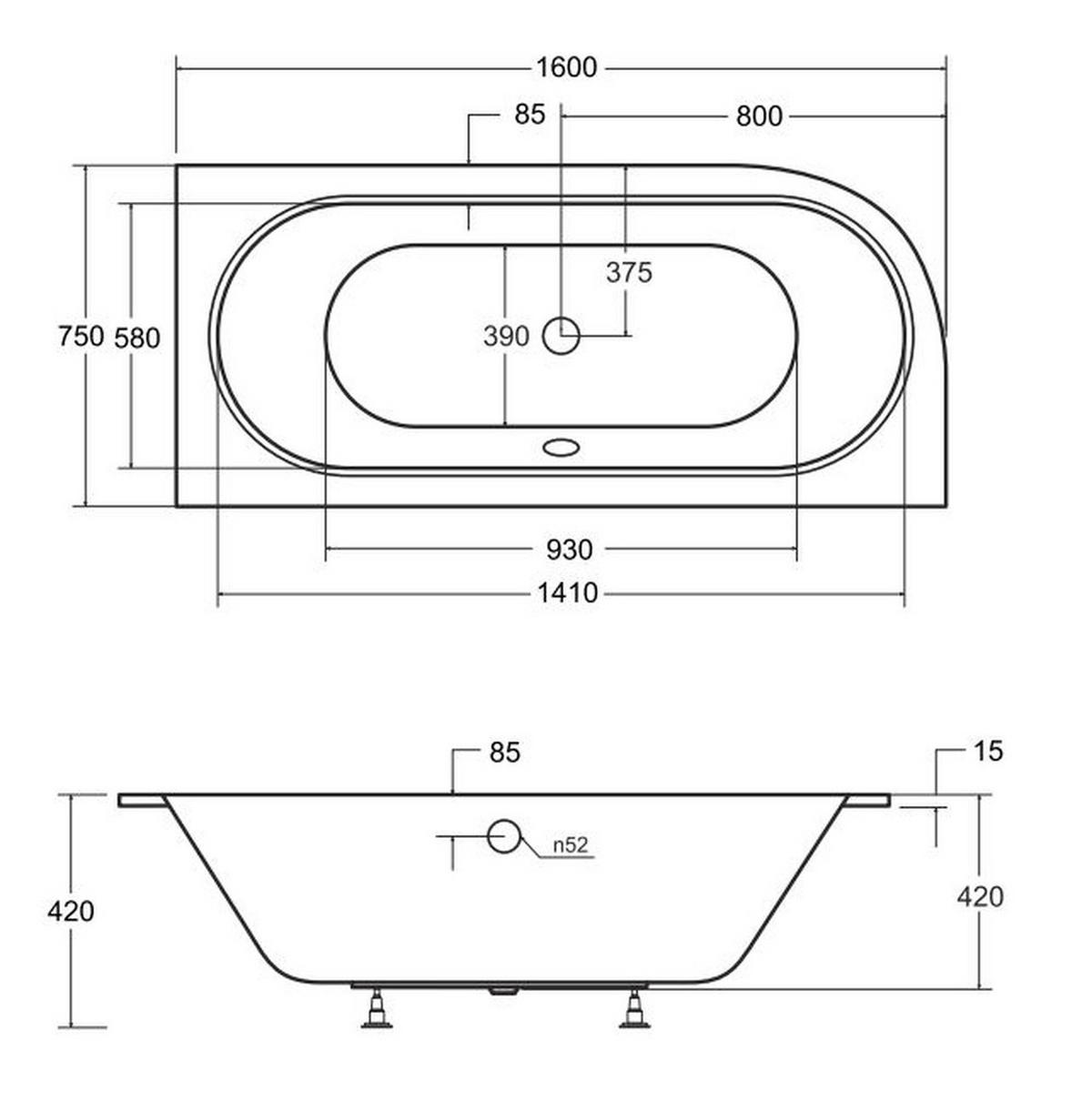 BADEWANNE Eckwanne AVITA SLIM 160/75 Rechts mit Styro Ablage 4cm Ablauf Füße - Weiß, Kunststoff (75/55.5/160cm) - bad land