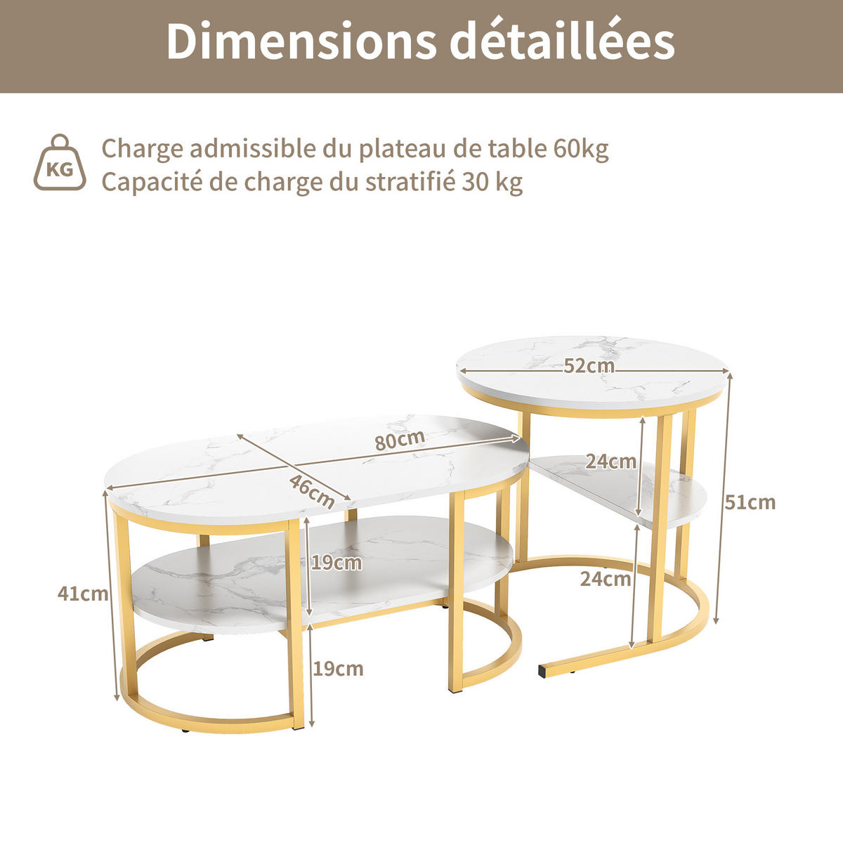 COUCHTISCH 2er Set Metall Ablage Wohnzimmertisch gold - Goldfarben, Holz (46/80/41cm) - LEBENLANG