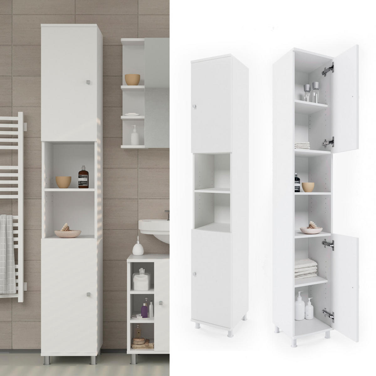 BADSCHRANK Fynn Weiß 30 x 190 cm - Weiß, Holzwerkstoff (30/190/30cm) - Vicco