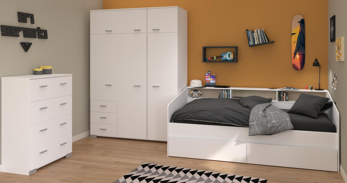 KINDERZIMMER Set 3-tlg. Kleiderschrank Kommode Bett 90x200 cm - Silberfarben/Weiß, Holz/Holzwerkstoff (206/203/113cm) - Parisot Meuble