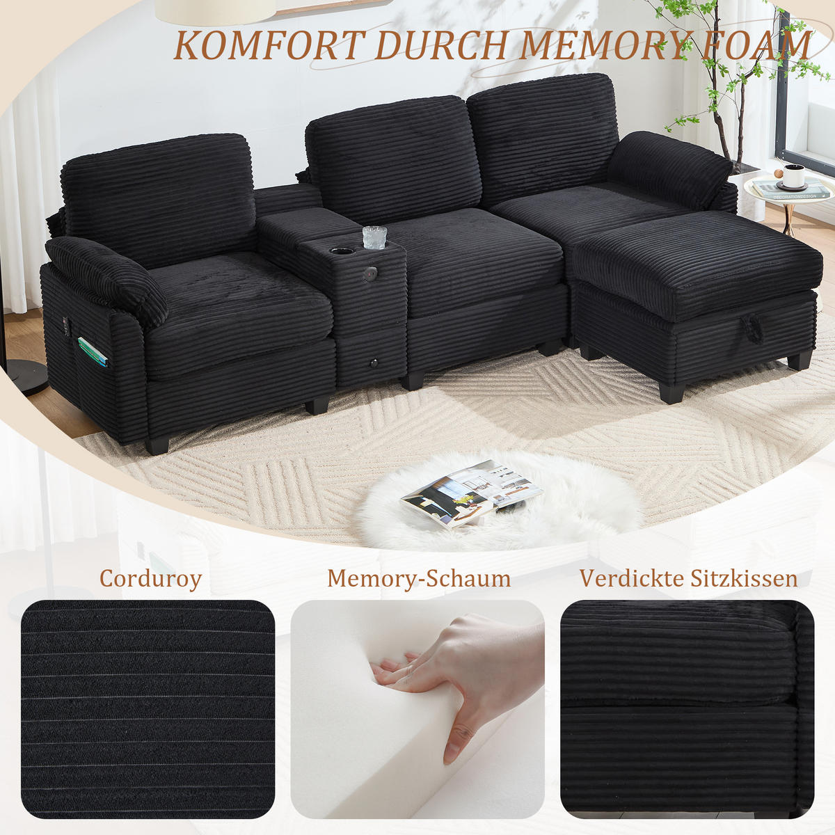 ECKSOFA L-Form mit verstellbarer Mittelkonsole und Stauraumhocker Cord schwarz 266/136/82 cm - Schwarz, Textil (266/136cm) - OKWISH