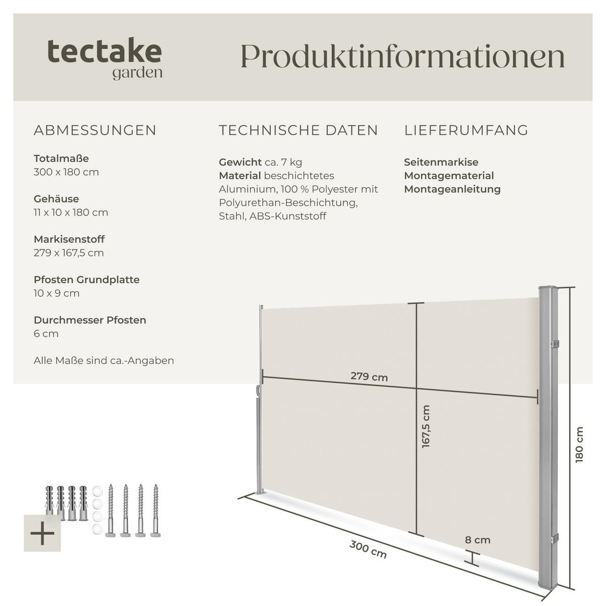SEITENMARKISE ,180 x 300 cm,beige - Beige, Textil (180/10cm) - tectake