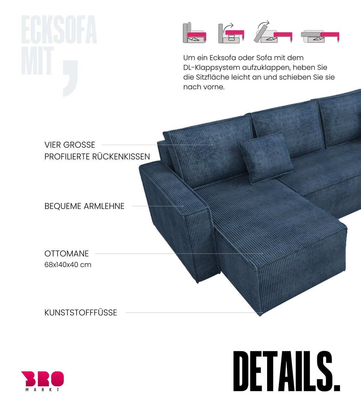 WOHNLANDSCHAFT Dexter U mit Schlaffunktion Blau Cord - Blau, Textil (310/80/141cm) - Bromarkt