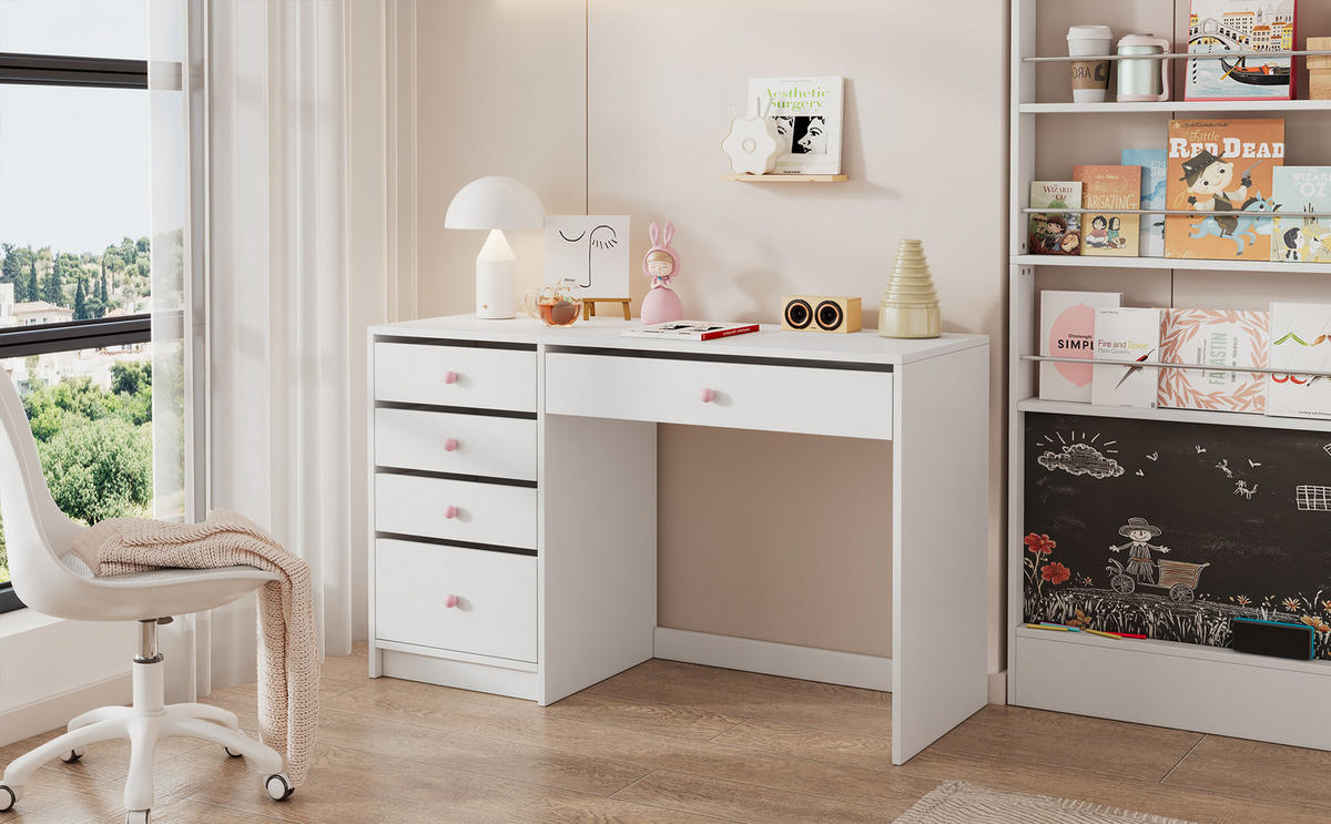 SCHREIBTISCH Weiß 120/45/74 cm mit 5 Schubladen - Weiß, Holzwerkstoff (120/45/74cm) - PANGIVO