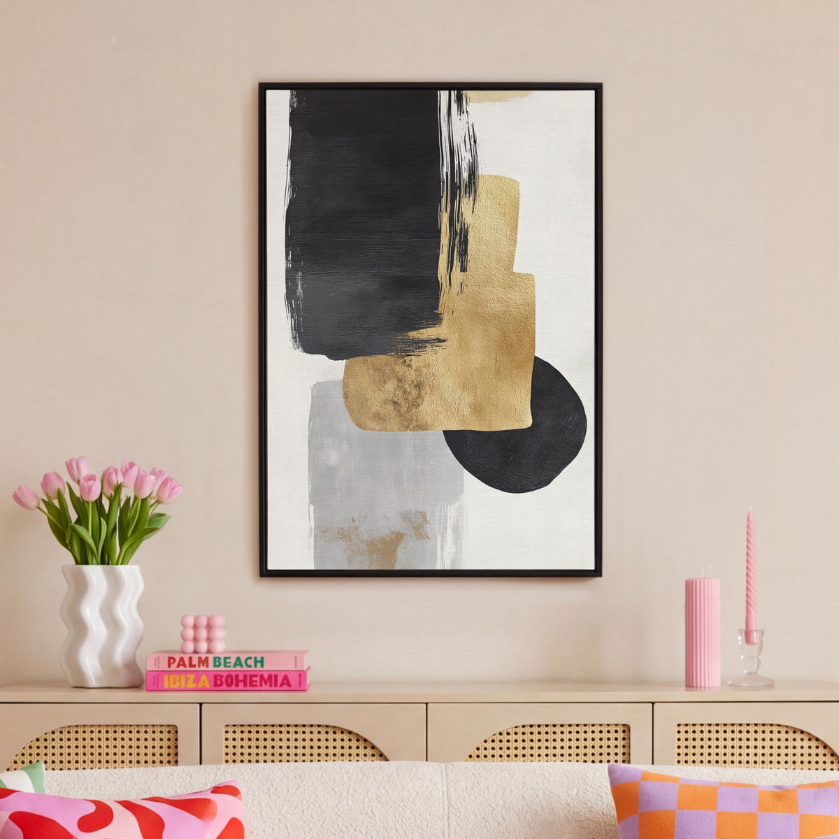 LEINWAND Bilder mit Rahmen - Gold - Rechtecke - Kreise - Abstrakt - 60x90 - Weiß, Textil (60/90cm) - MuchoWow