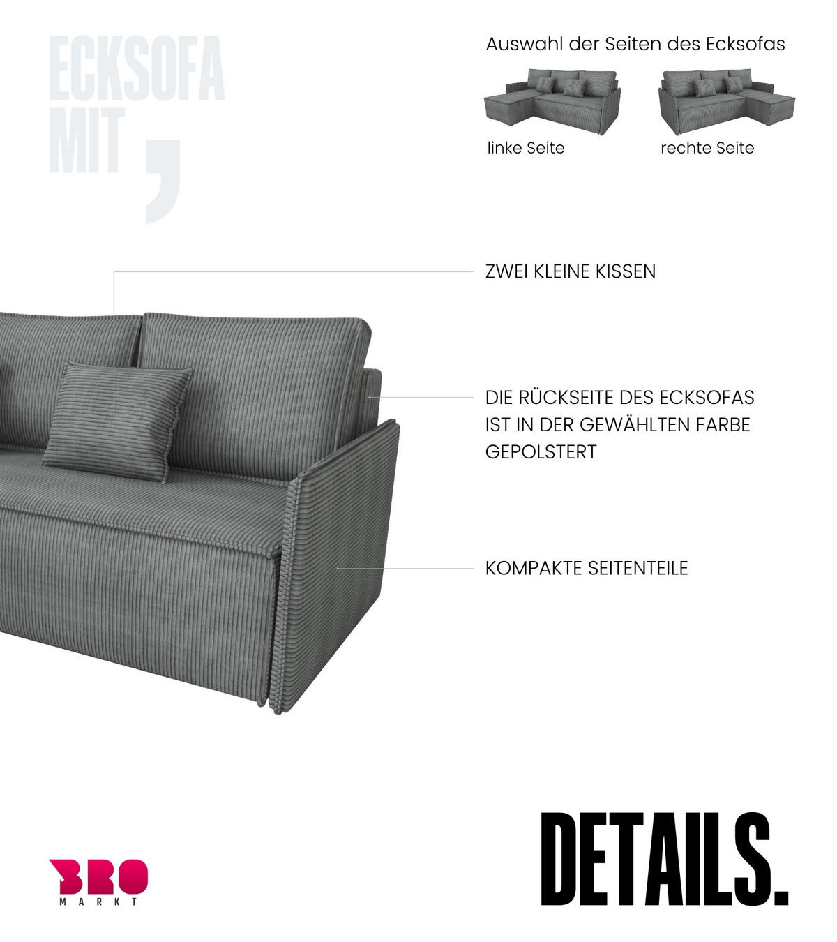 ECKSOFA Atlantic mit Schlaffunktion Grau Cord - Grau, Textil (238/141cm) - Bromarkt