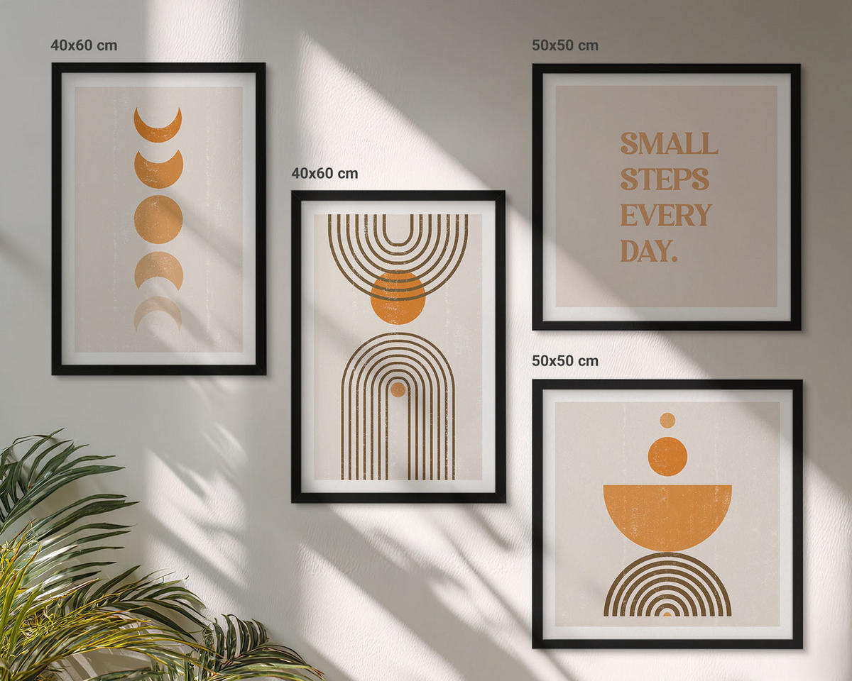 BILDER SET 4er Set - 50x50 cm & 40x60 cm Schwarzer Rahmen - Minimalistische Boho-Muster - Schwarz, Kunststoff (50/50cm) - TULUP