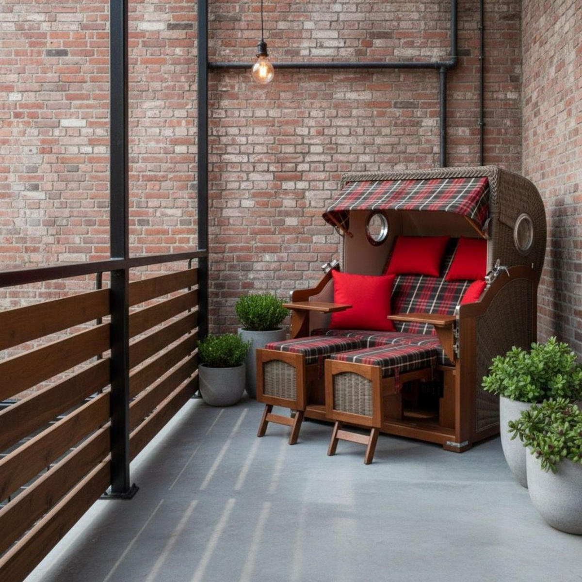 STRANDKORB Komplettset: Ammersee Grande XL Mahagoni Bullauge - PE grau - Modell 529 - Beige/Rot, Holz/Kunststoff (142/165/95cm) - bene living