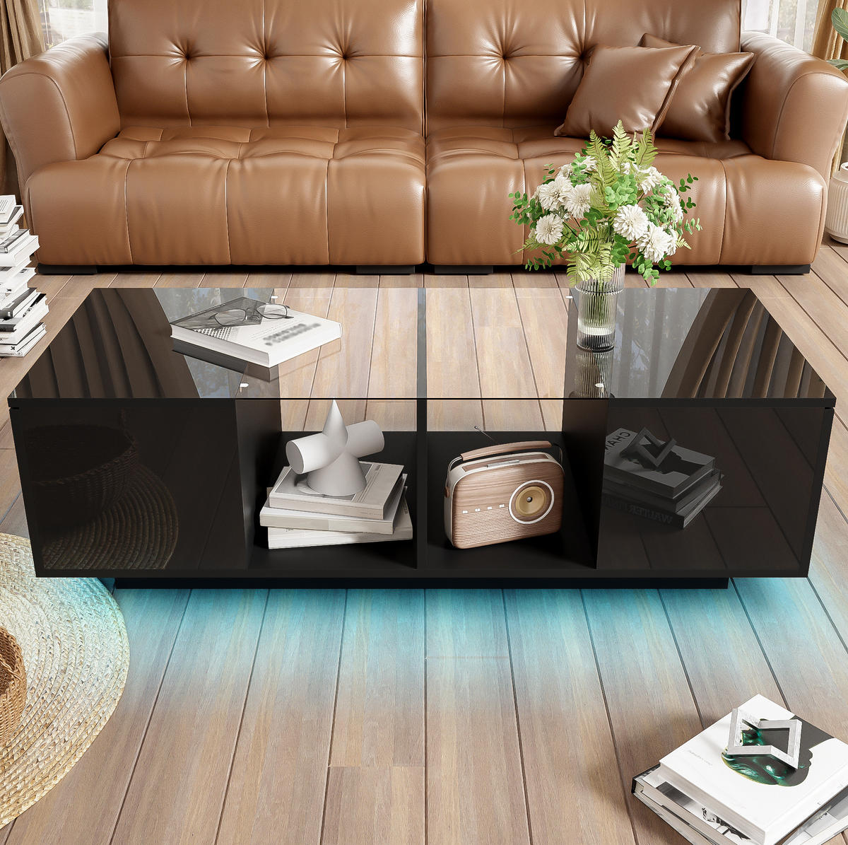 COUCHTISCH, Hochglanz/Matt mit Glasplatte und steuerbarer LED, 120/50/38,5 cm, Schwarz - Schwarz, Holzwerkstoff (120/50/38.5cm) - Redom