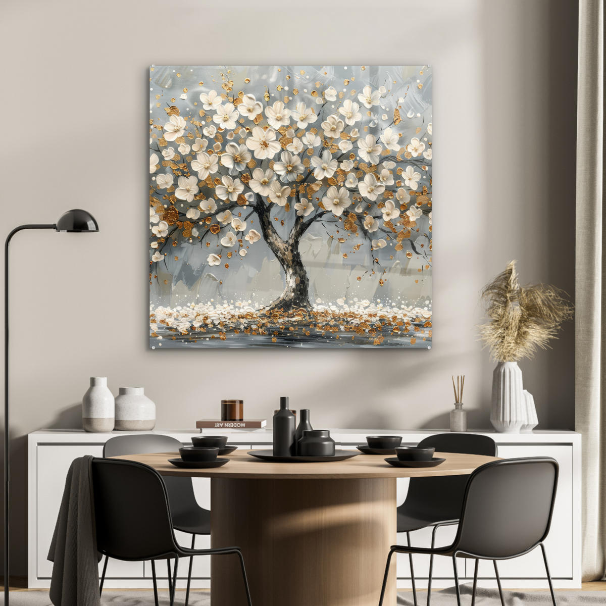 ACRYLGLASBILD Baum - Blumen - Weiß - Natur - Kunst 90x90 cm - Weiß, Glas (90/90cm) - MuchoWow