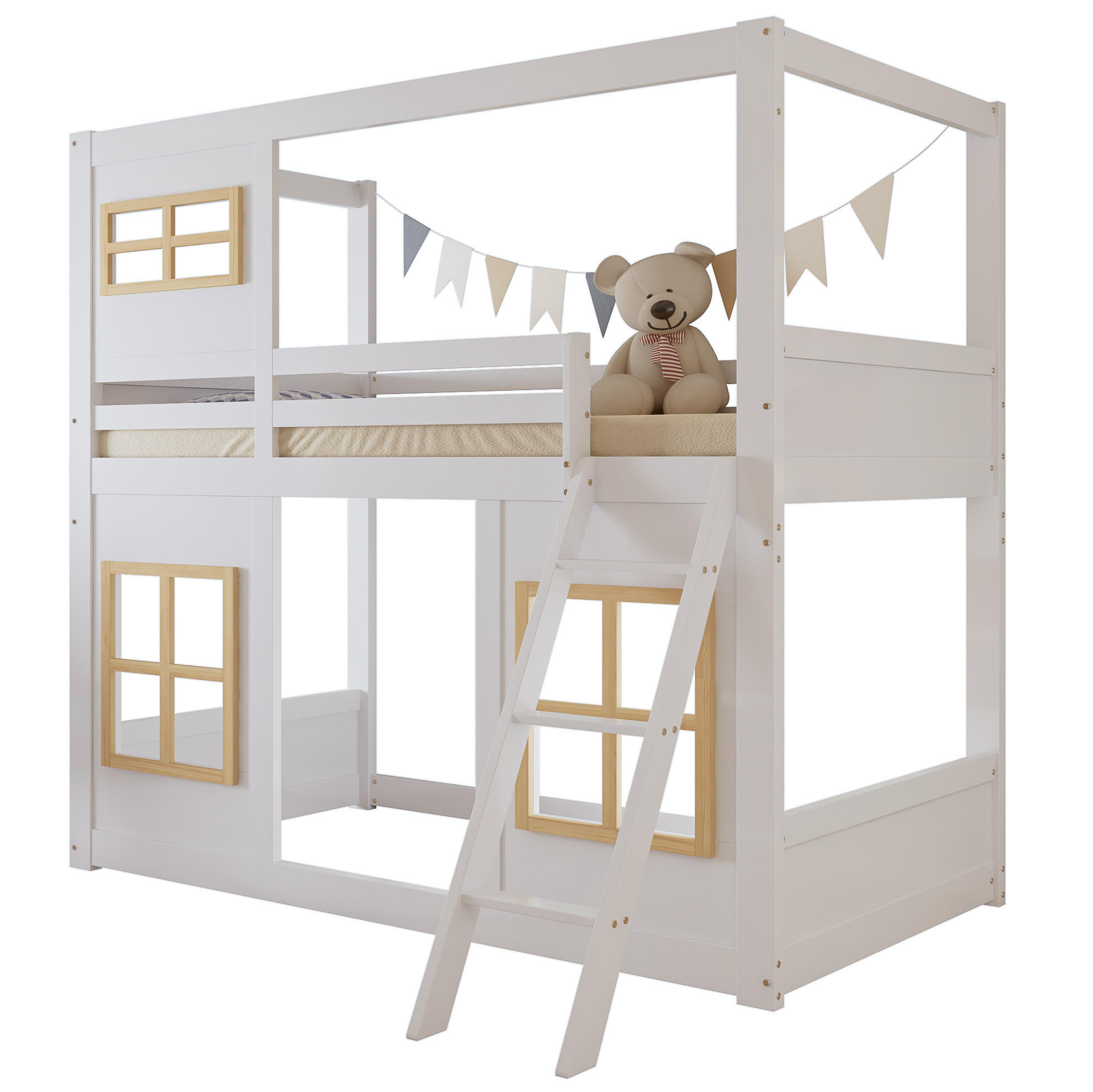 ETAGENBETT Kinderbett 90/200 cm Weiß Natur mit Fenstern ohne Matratze - Weiß, Holz (90/200cm) - MIVRAY