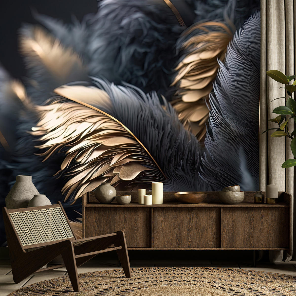 FOTOTAPETE Federn Abstraktion Stil Glamour 250x175 - Beige/Schwarz, Papier (250/175cm) - Muralo