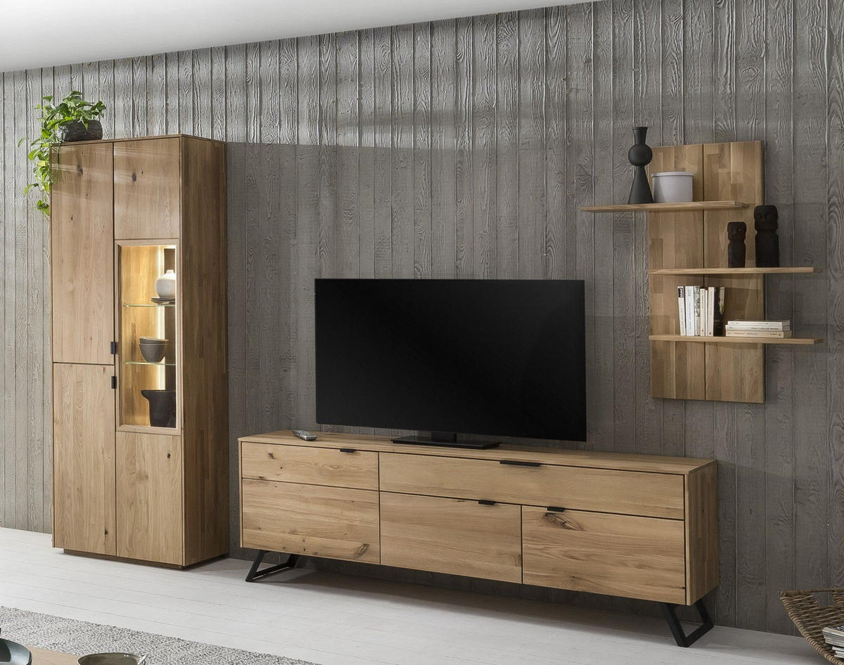 WOHNWAND Massivholz Idalia 280x203x45 Wohnzimmerschrank Wildeiche Bianco geölt - Naturfarben, Holz (280/203/45cm) - 58aufmkessel