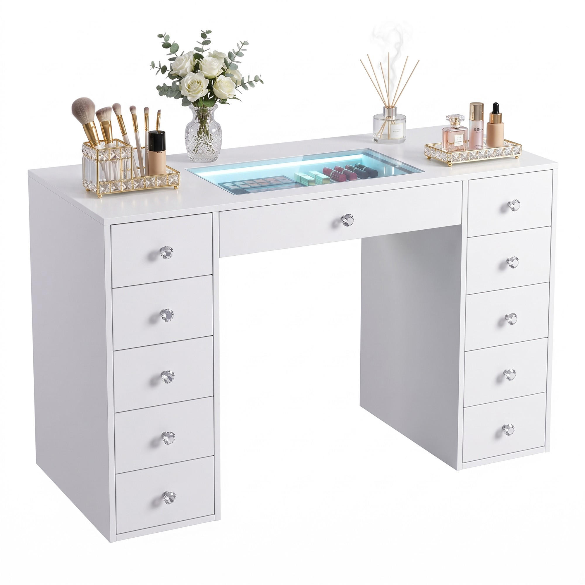SCHMINKTISCH mit Beleuchtung 11 Schubladen Weiβ 130/55/81 CM - Weiß, Metall (130/81/55cm) - VANITII