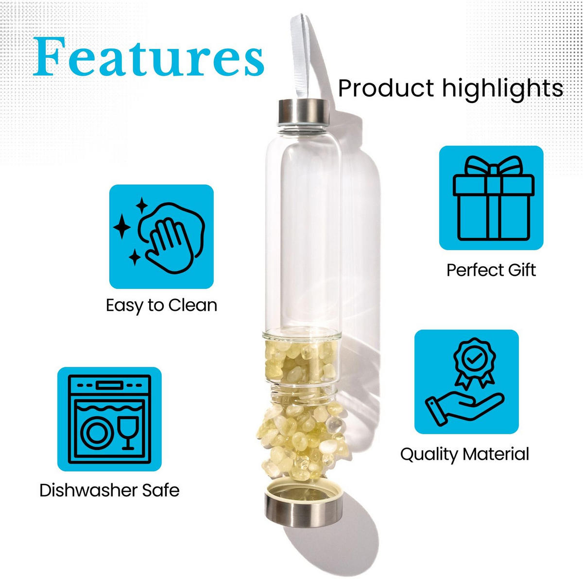 WASSERFLASCHE mit Heilsteinen und Tasche 400ml - Gelb, Glas (0.4L) - Intirilife