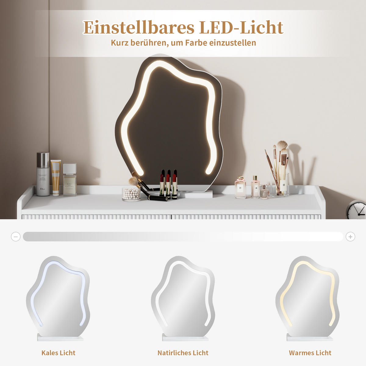 TOALETNÍ STOLEK bílý s LED zrcadlem, 3 zásuvkami a flexibilní montáží - bílá, kompozitní dřevo (100/75/40cm) - Urban Meuble