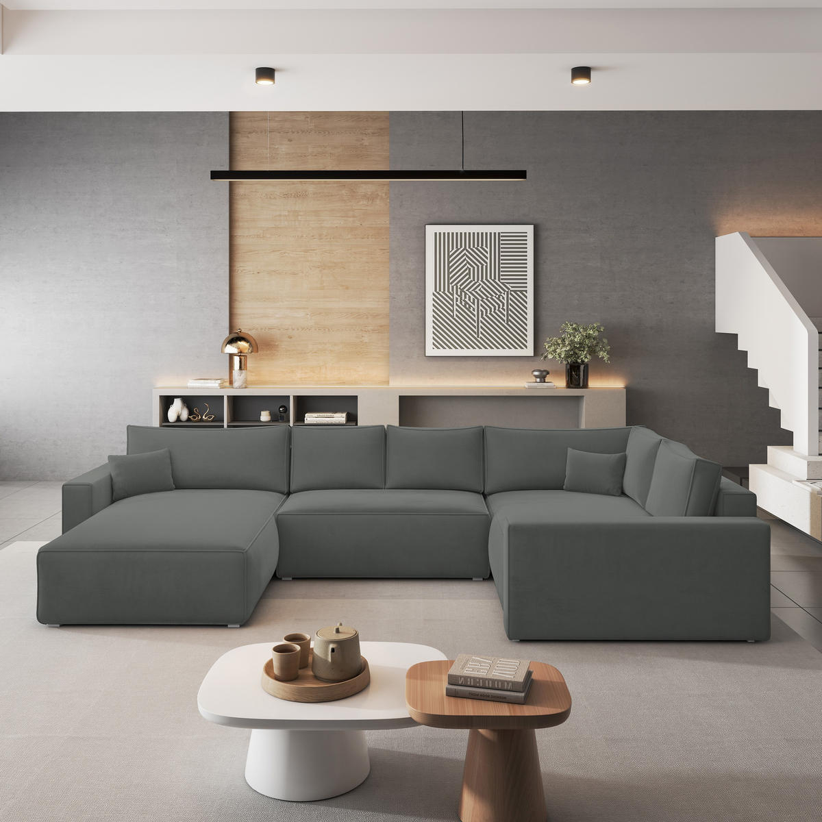 ROHOVÁ SEDAČKA VELAMI šedá - šedá, dřevo/textil (365/194cm) - MASSENO