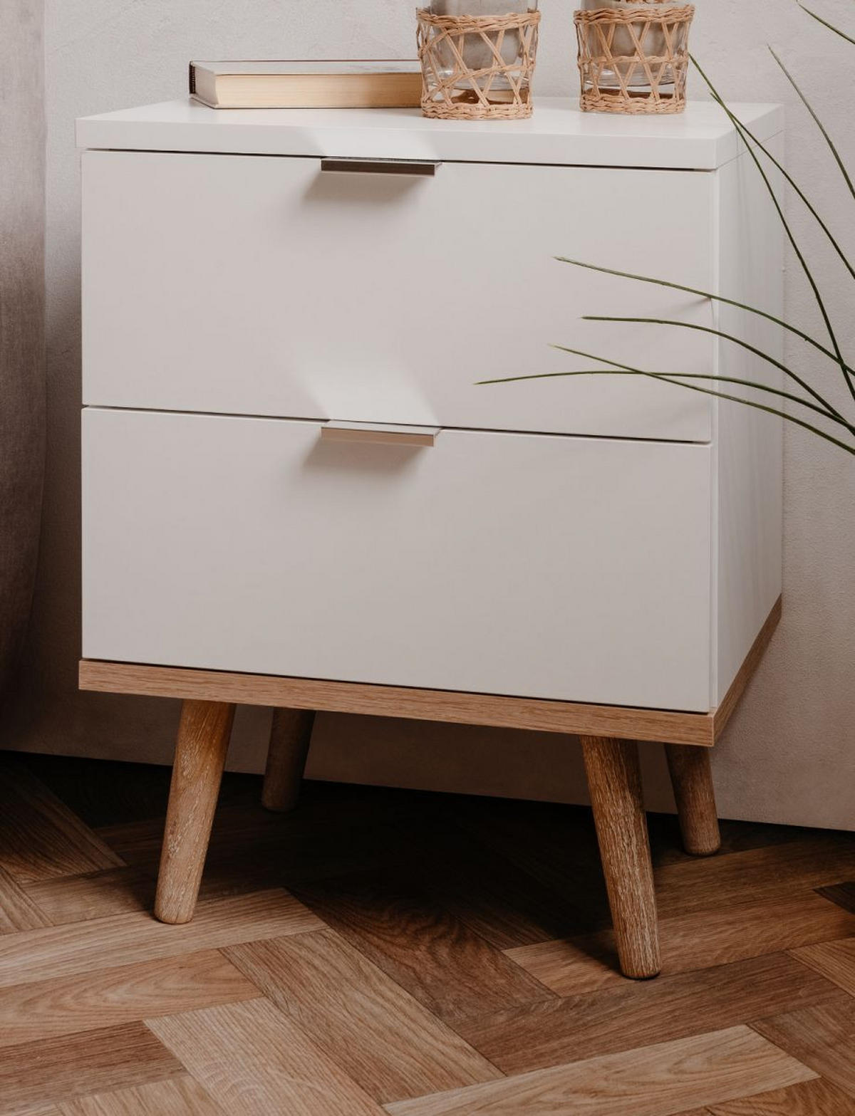 NACHTTISCH weiß matt, Eiche Sonoma massiv 40 cm, Nachtkommode mit 2 Schubladen - Chromfarben/Eichefarben, Holz/Holzwerkstoff (40/52/30cm) - Furn.Design