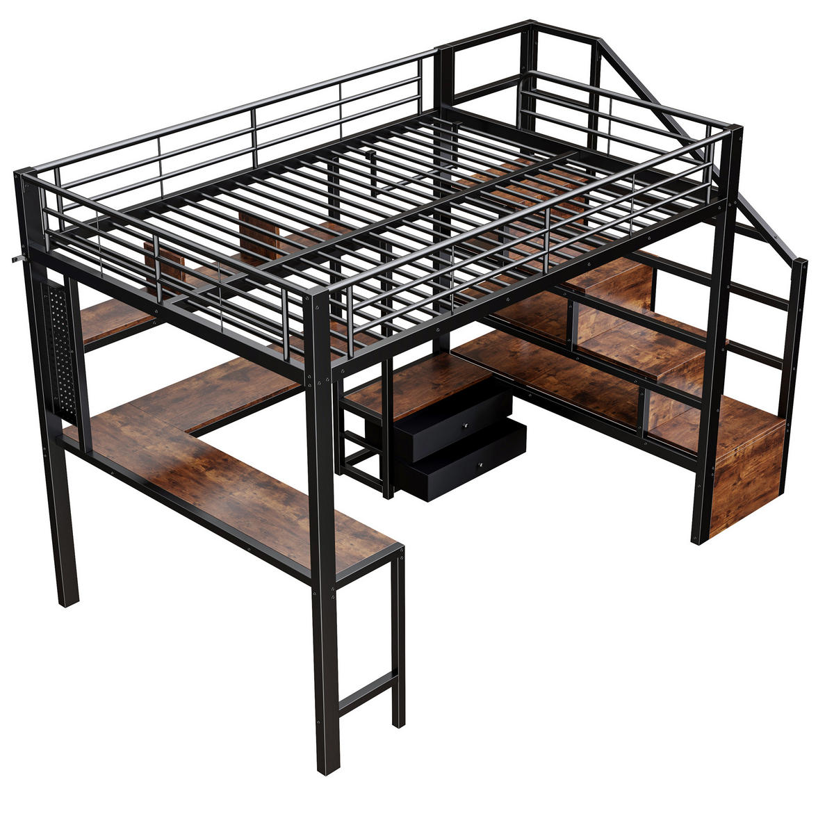 HOCHBETT 140/200 cm mit Eisenrahmen Schwarz, Schreibtisch, Stauraumtreppe und LED-Licht - Schwarz, Metall