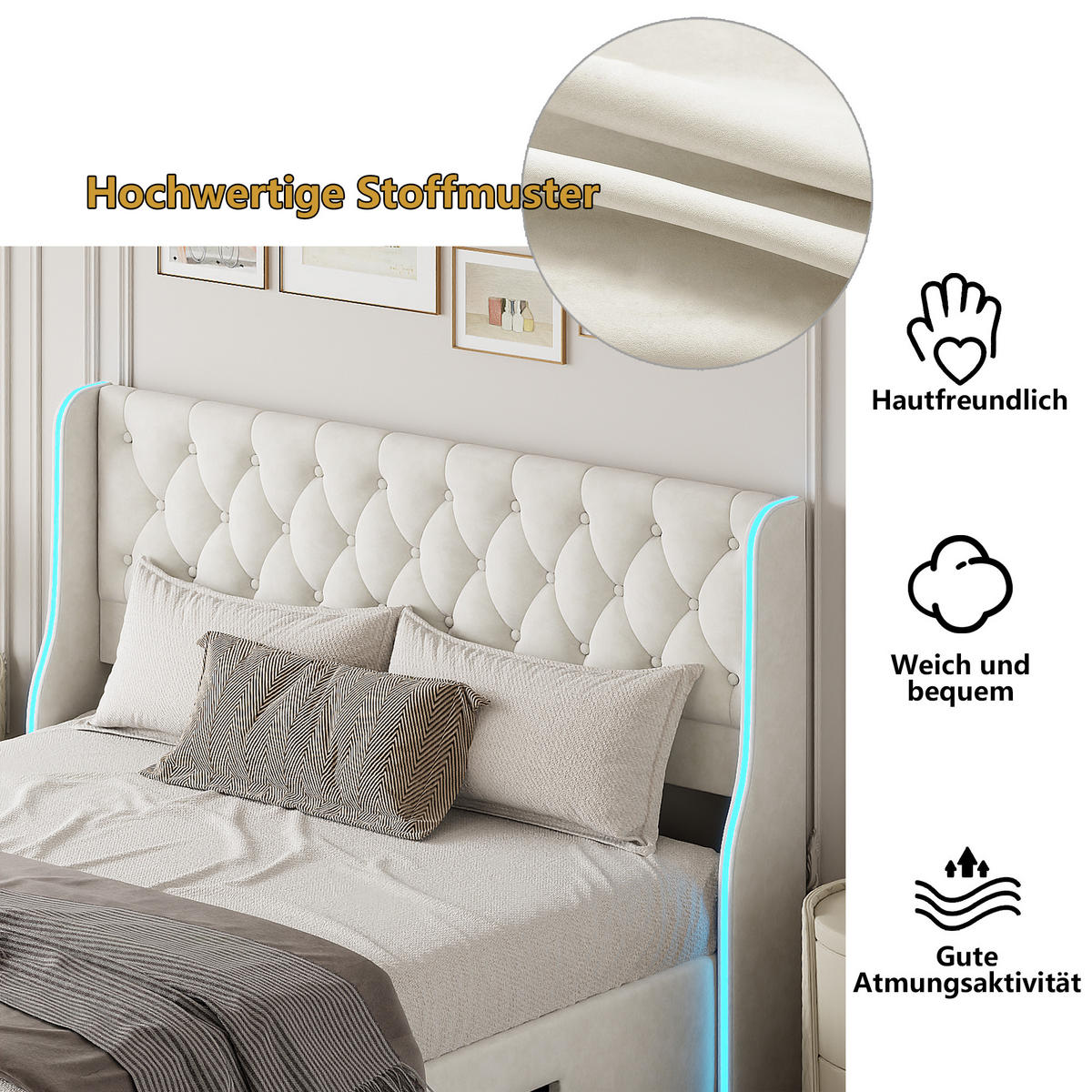 POLSTERBETT 160x200 cm, Beige, LED-Beleuchtung und 3 Schubladen - Beige, Textil/Metall (160/200cm)