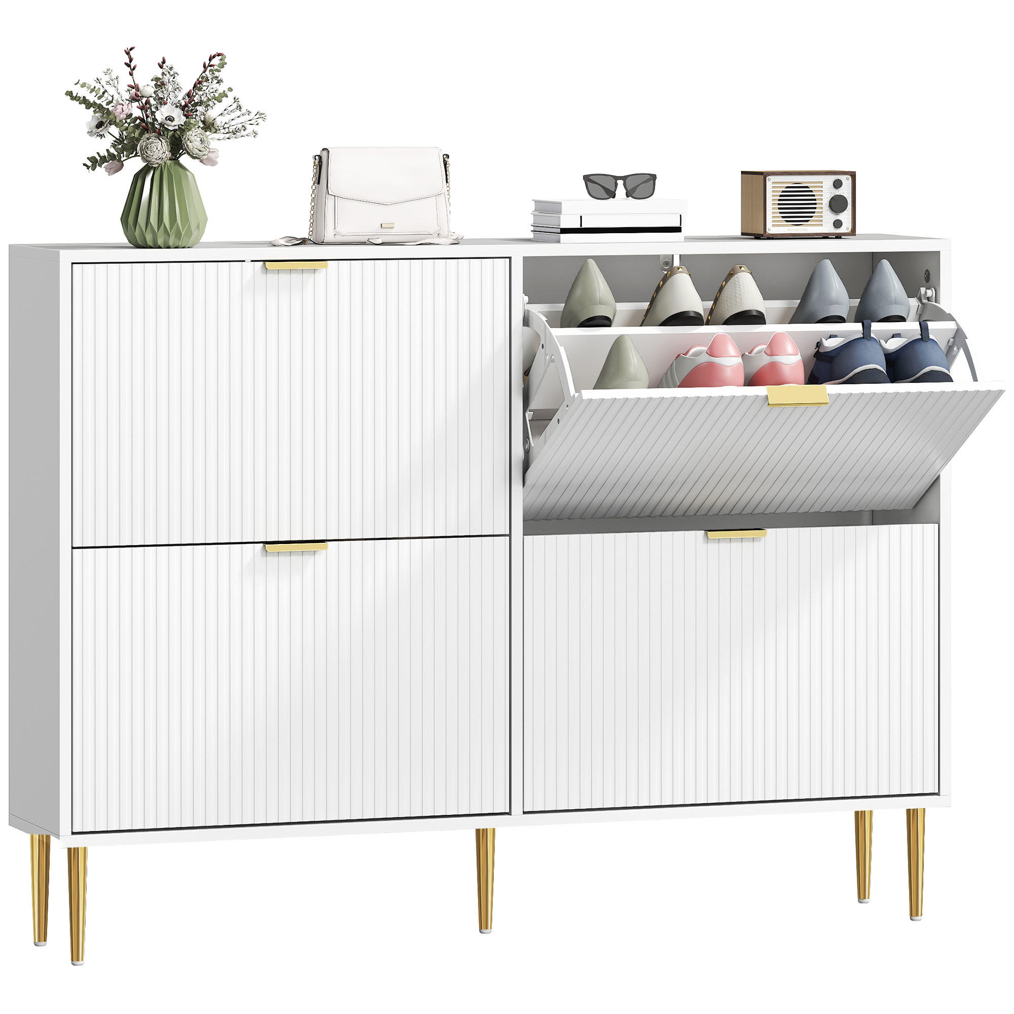 SCHUHSCHRANK DE-15042 4 Klapptüren mit Rillenfront & verstellbaren Böden Weiß - Weiß, Holzwerkstoff (105/91.5/24cm) - ComfortXL