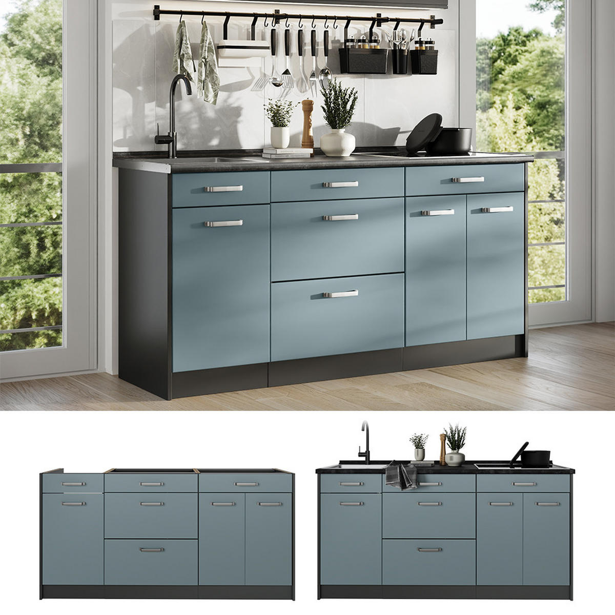 KÜCHENBLOCK R-Line, Blau-Grau/Anthrazit, 160 cm Arbeitsplatte Marmor - Anthrazit/Blaugrau, Holzwerkstoff (160/81.6/60cm) - Vicco