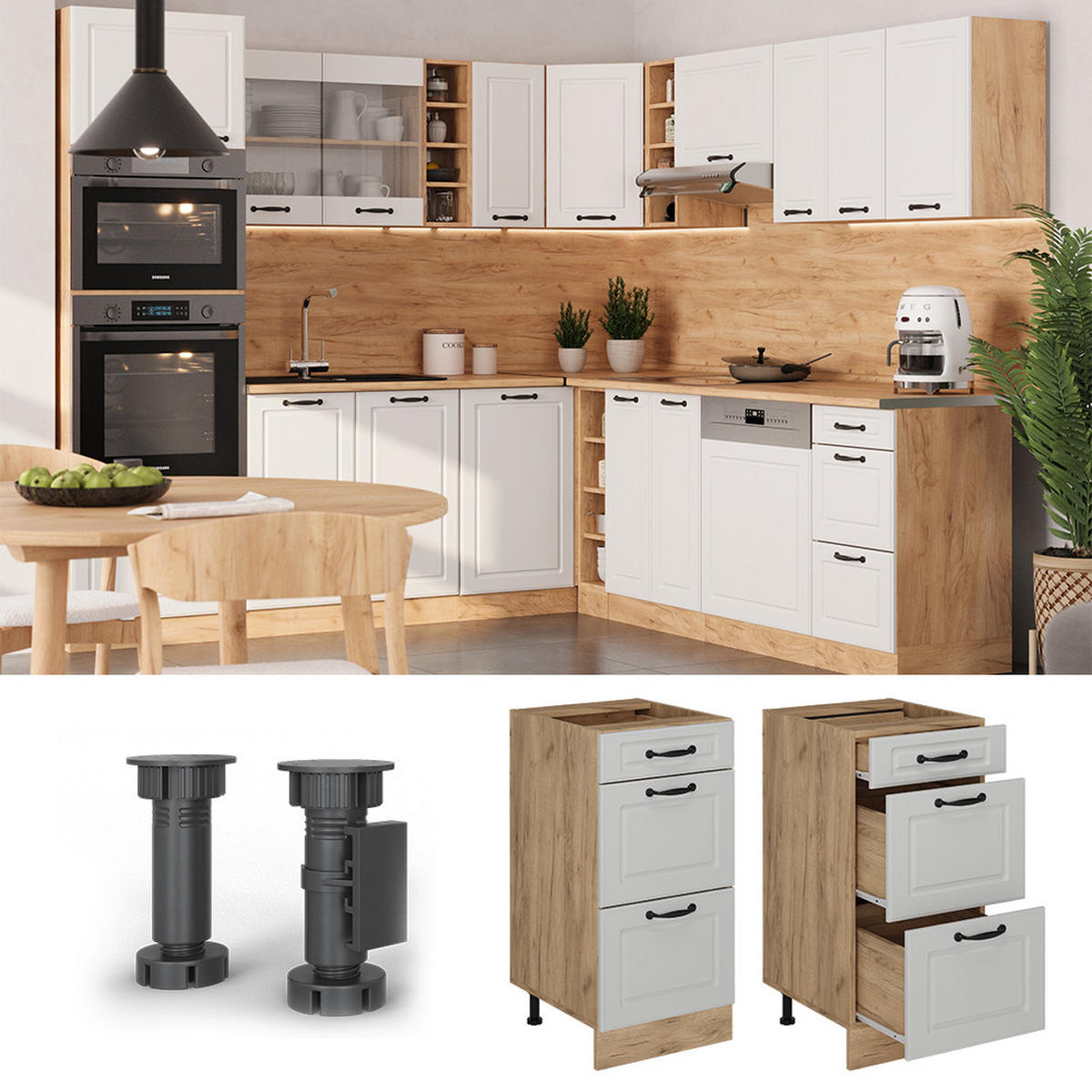 KÜCHENUNTERSCHRANK R-Line Weiß Landhaus 40 cm mit Schubladen, ohne Arbeitsplatte - Honigeiche/Eiche Wotan, Holzwerkstoff (40/81.6/46cm) - Vicco