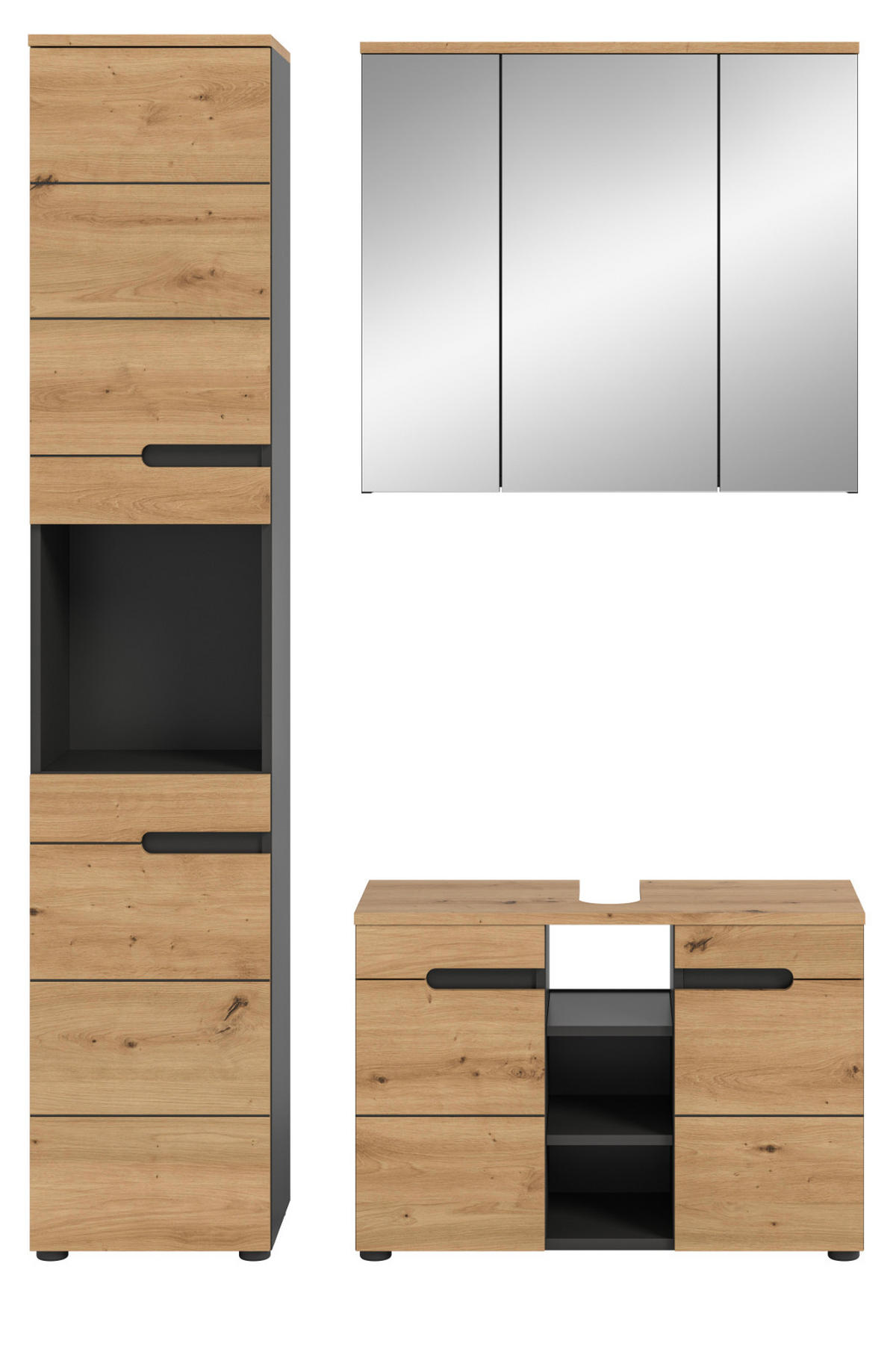 BADMÖBEL-SET Eiche, grau 3-teilig 133 cm, Komplettset mit Soft-Close - Schwarz/Eiche Artisan, Glas/Holzwerkstoff (133/193/34cm) - Inn.Furn