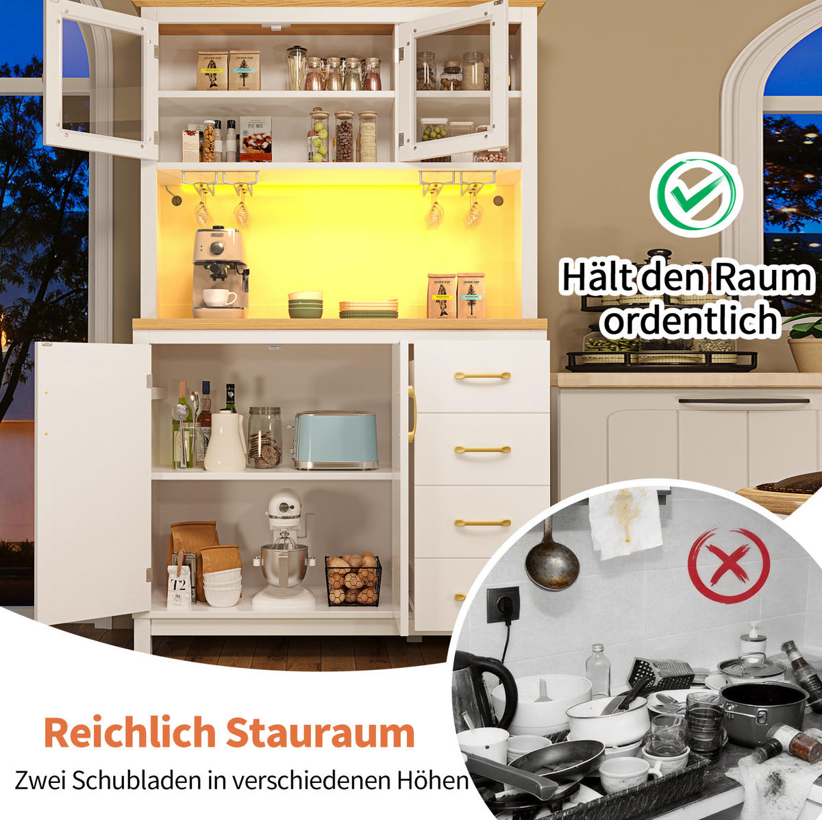 BUFFET 105,5/180/40 cm Weiß aus MDF mit LED-Lichtleiste - Weiß, Holzwerkstoff (40/180/105.5cm) - OKMYHOME