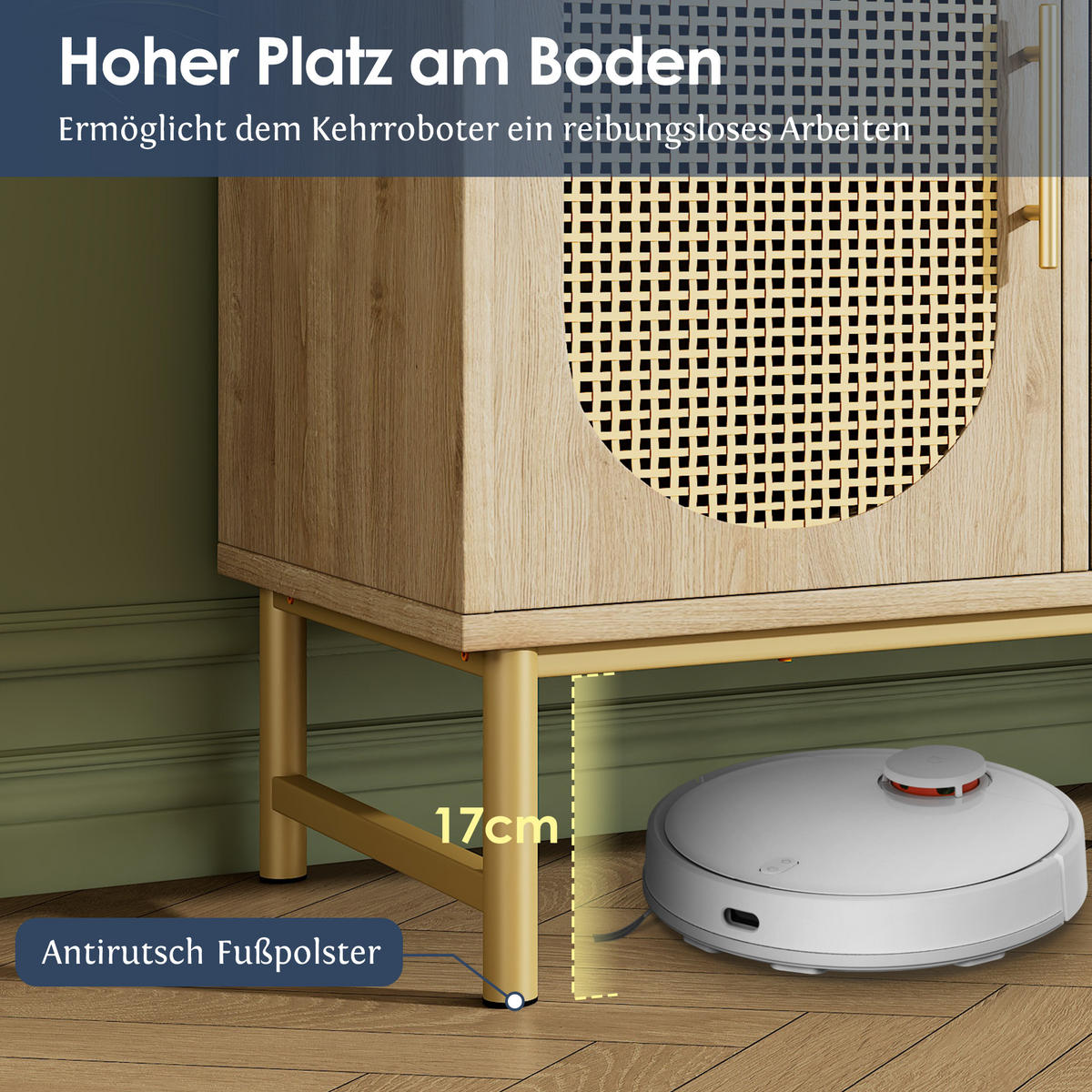 KOMMODE in Eichenfarben Sideboard mit Rattan-Türen und Schubladen für Wohnzimmer und Schlafzimmer, B120/T40/H74 cm - Eichefarben/Goldfarben, Holzwerkstoff/Metall (120/74/40cm) - STILVORA