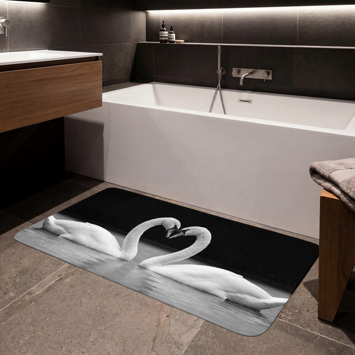 KOUPELNOVÁ PŘEDLOŽKA Labutě - srdce - černá - bílá 120x60 cm - černá, textil/plast (120/60cm)