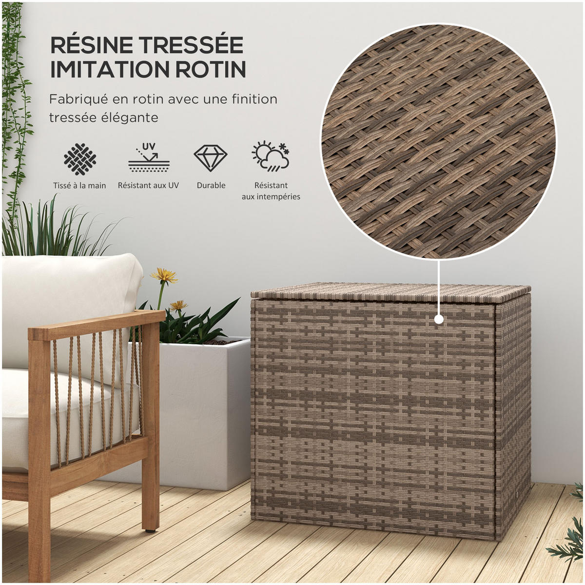 KISSENBOX DE-13596 mit Gasdruckfeder, PE-Rattan Natur - Sandfarben, Kunststoff/Metall (75/70/75cm) - ComfortXL