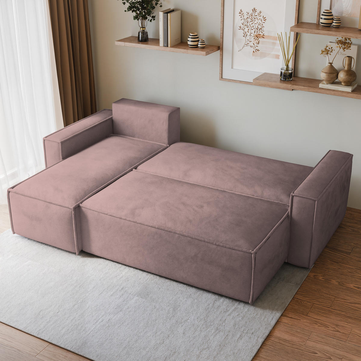ECKSOFA RAVELO M Lila Velours-Stoff mit Schlaffunktion - Lila, Holz (240/140cm) - MASSENO