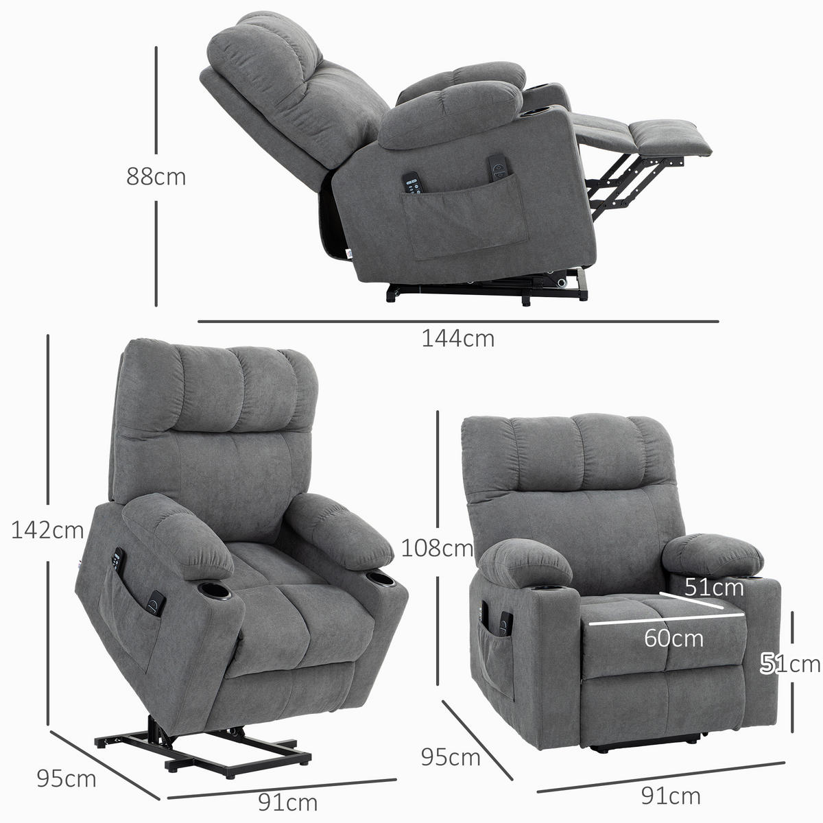FERNSEHSESSEL mit Aufstehhilfe, Grau - Schwarz/Grau, Textil/Metall (95/109/91cm) - HOMCOM