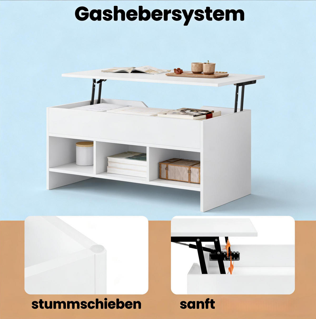 COUCHTISCH aus Holz & Metall 96x51x60.5 cm in Weiß mit Lift-Top & Stauraum - Weiß, Holzwerkstoff (96/51/60.5cm) - Modfu
