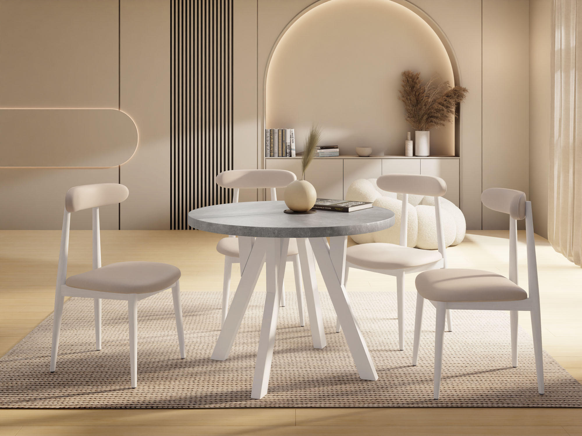 ESSTISCH Avero White runder ausziehbarer, Beton grau 100-140/100/77 cm - Hellgrau/Weiß, Holz/Holzwerkstoff (100/100/77cm) - WFL GROUP