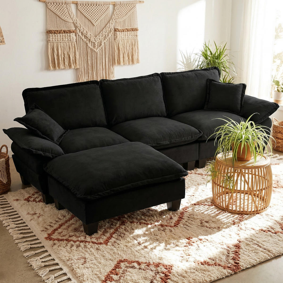 ECKSOFA 263/151/90 cm schwarz aus Chenille mit Ottomane - Schwarz, Textil (151/263cm) - OKWISH