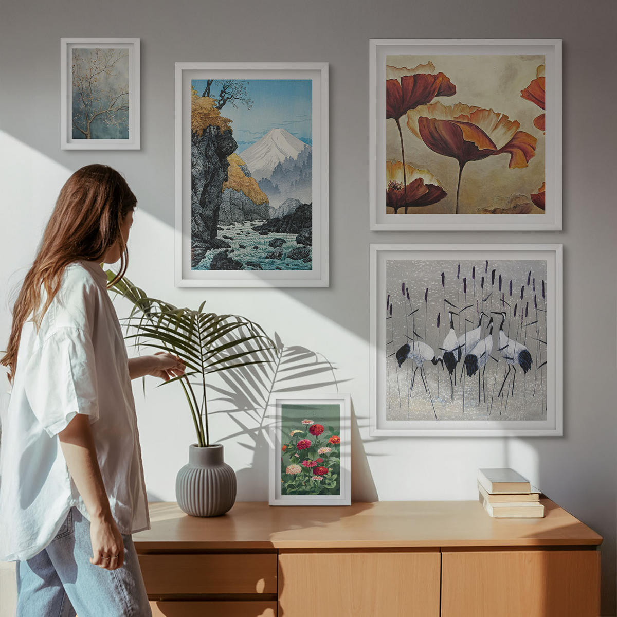 WANDBILDER 5er-Set - 50x50 cm & 20x30 cm & 40x60 cm Weißer Rahmen - Tropische Pflanzen, Pflanzenliebhaberin - Weiß, Kunststoff (40/60cm) - ArtPrintCave