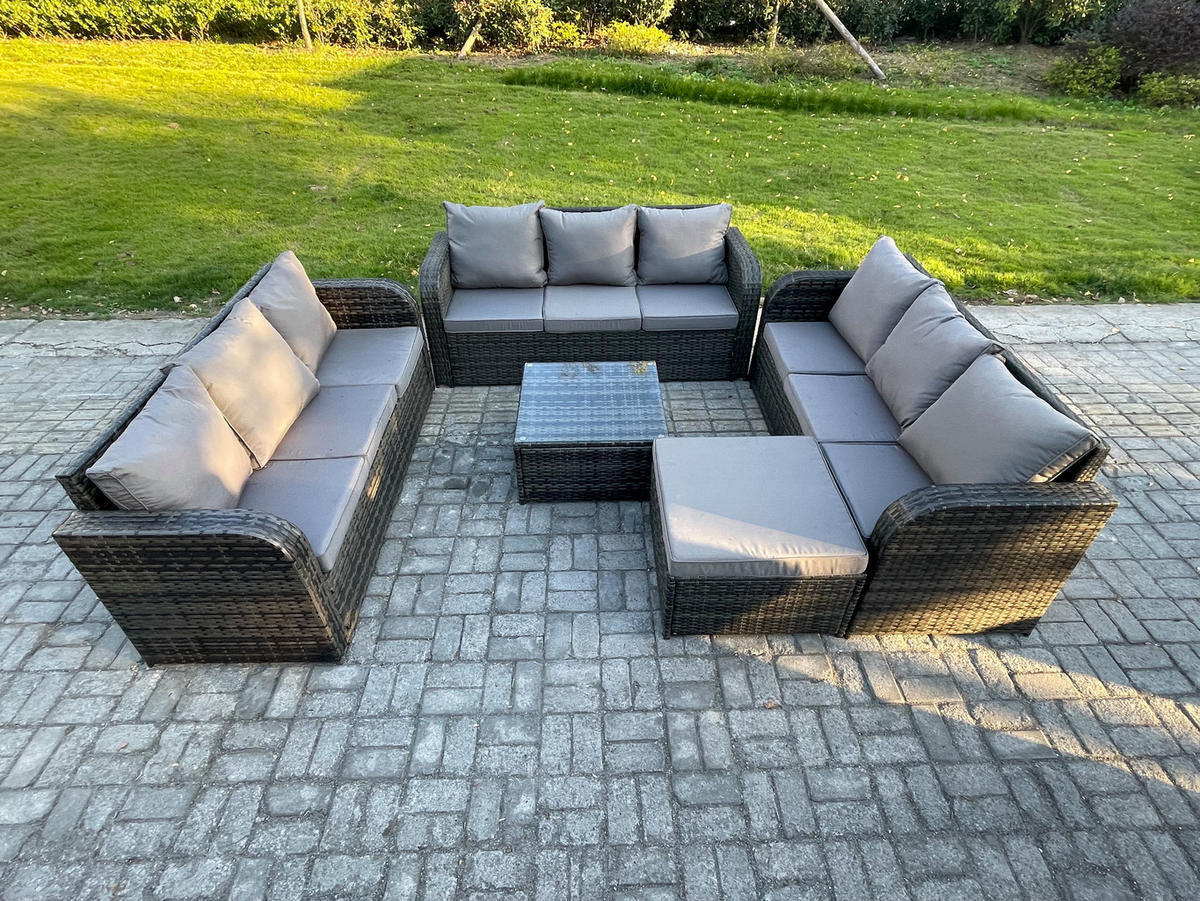 GARTENMÖBELGARNITUR mit KISSEN Polyrattan Dunkelgrau 10-Sitzer - Dunkelgrau/Grau, Glas/Kunststoff - Fimous