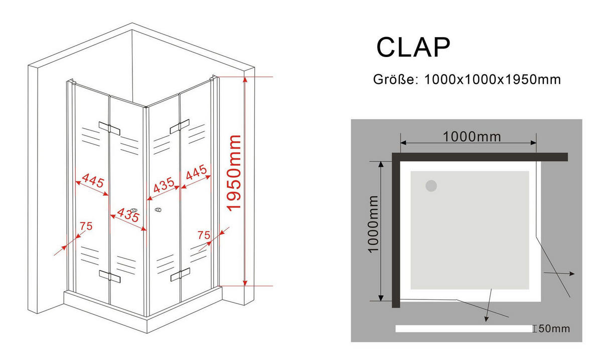 DUSCHKABINE CLAP Klar 100 x 100 x 195 cm 8 mm ESG - Klar, Glas (100/100/195cm) - Glasdeals