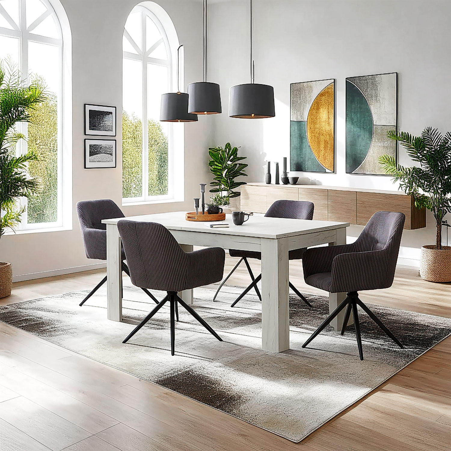 TISCHGRUPPE 160-200/90 cm weiß mit 4 Stühle Grau - Schwarz/Weiß, Holz/Textil (90/85/160cm) - Homestyle4u