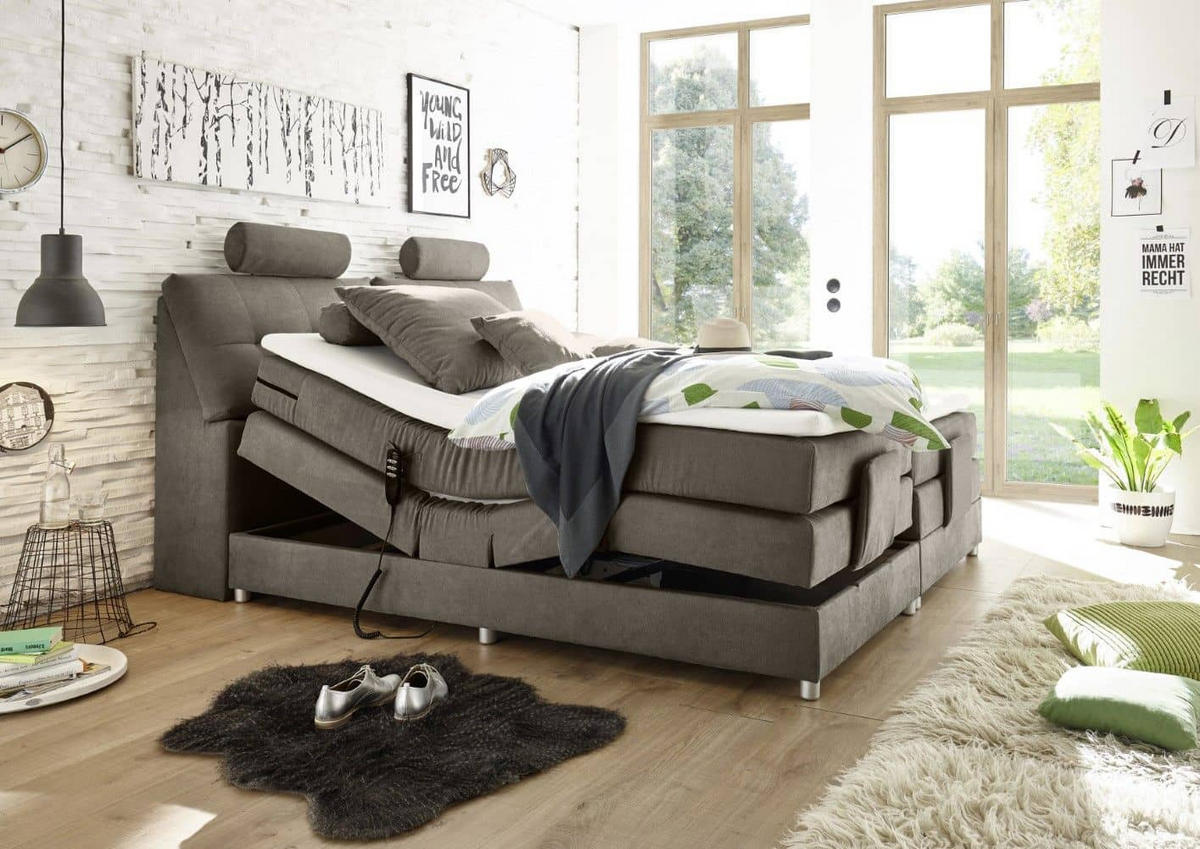 BOXSPRINGBETT inkl. Elektrofunktion, 7-Zonen-Tonnentaschen-Federkernmatratze und Komfort T25 Schaumtopper - Silberfarben/Grau, Holz/Holzwerkstoff (180/200cm) - ed exciting design